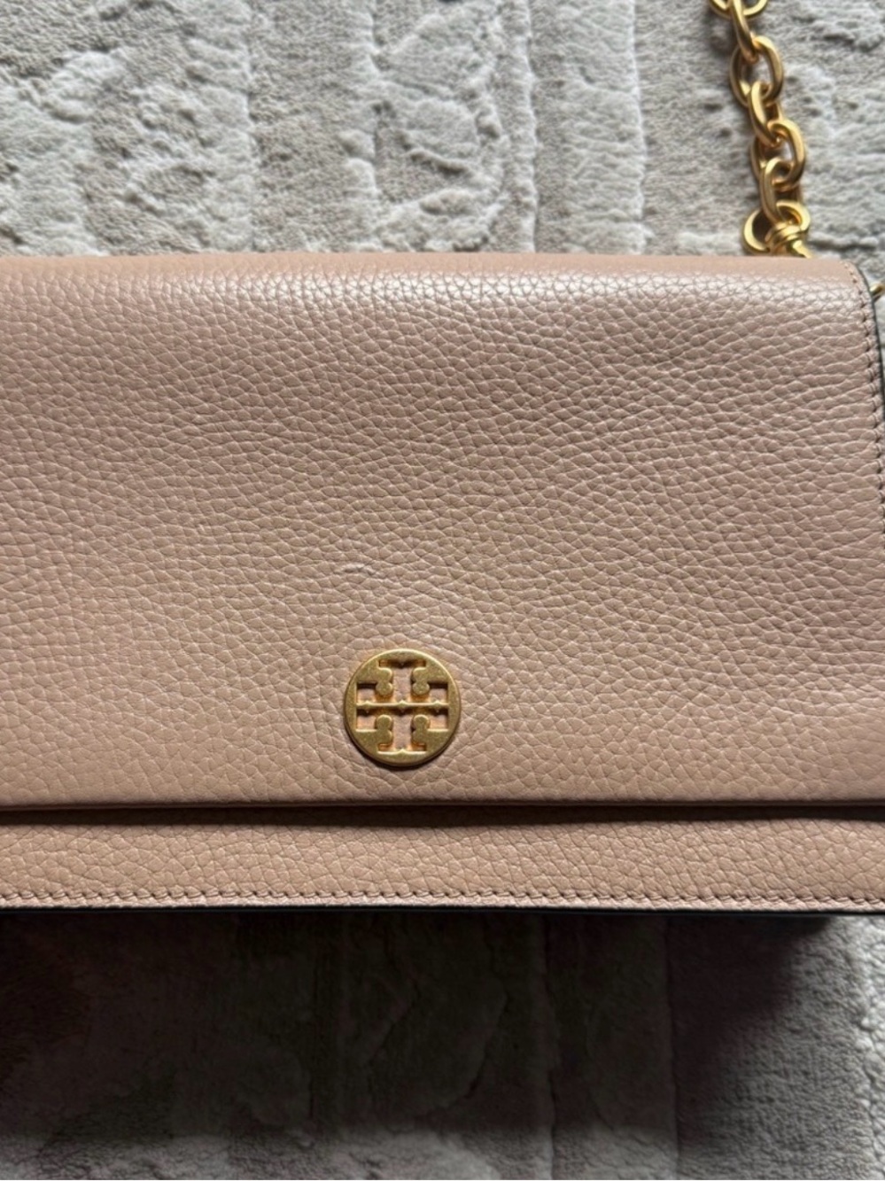 Tory Burch Pebbled Leather Chain Crossbody with Gold Logo
